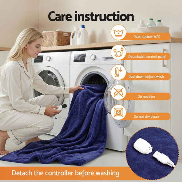 Giselle Electric Throw Rug Double Size 200x180cm Coral Fleece Heated Blanket Navy Blue Awezingly