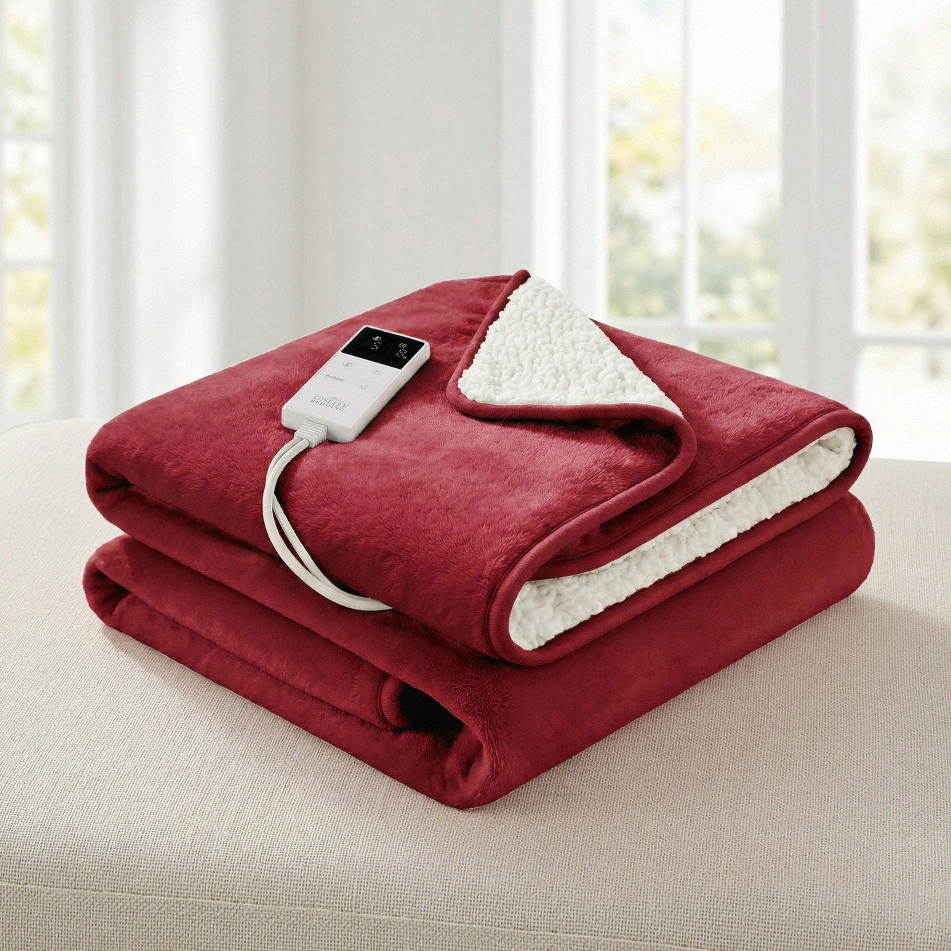 Giselle Electric Throw Rug Dual Side Fleece Flannel Heated Blanket Burgundy Awezingly