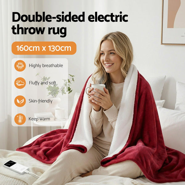 Giselle Electric Throw Rug Dual Side Fleece Flannel Heated Blanket Burgundy Awezingly