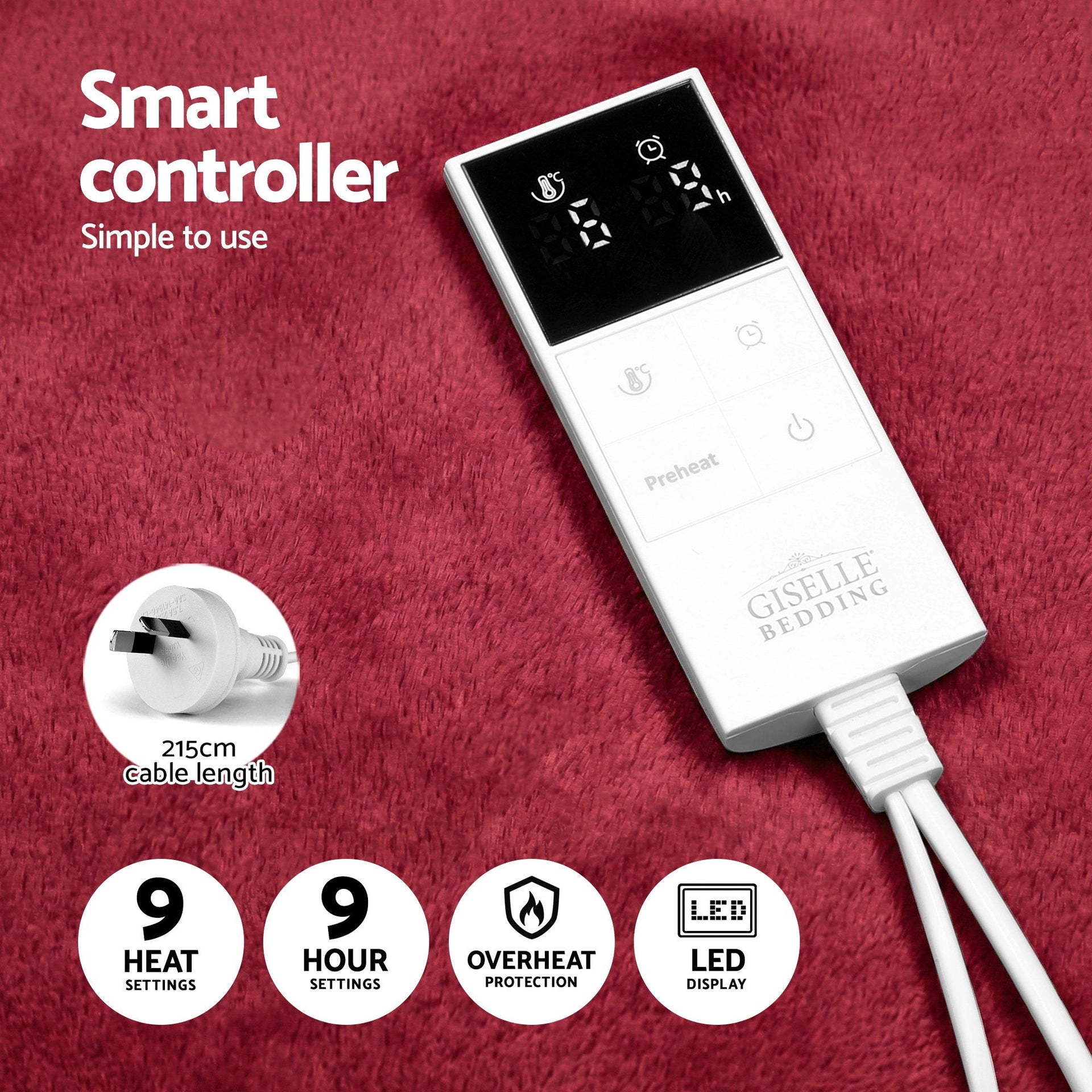 Giselle Electric Throw Rug Dual Side Fleece Flannel Heated Blanket Burgundy Awezingly