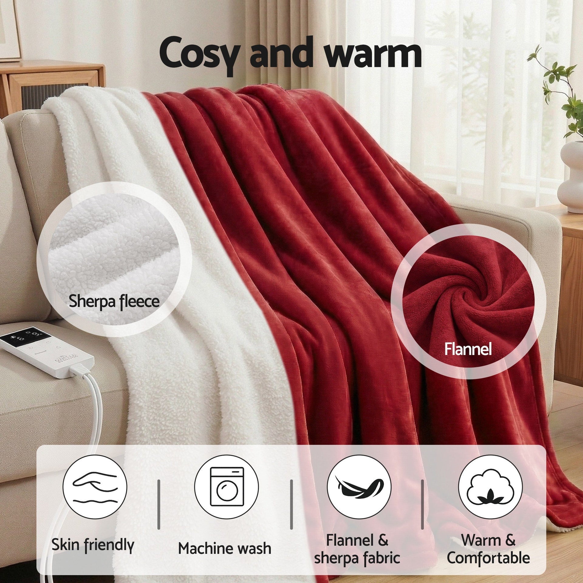 Giselle Electric Throw Rug Dual Side Fleece Flannel Heated Blanket Burgundy Awezingly