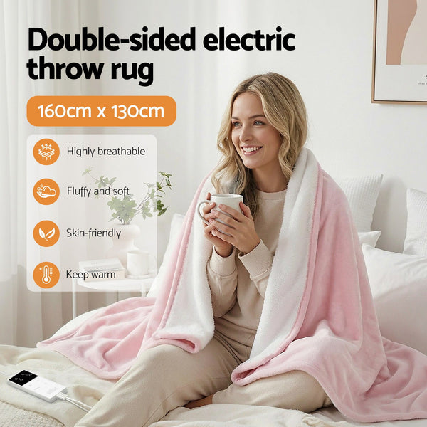 Giselle Electric Throw Rug Dual Side Fleece Flannel Heated Blanket Pink Awezingly