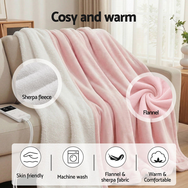 Giselle Electric Throw Rug Dual Side Fleece Flannel Heated Blanket Pink Awezingly