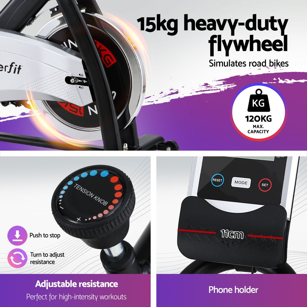 15kg Flywheel Spin Bike Everfit Exercise Bike Home Gym Fitness 120KG Capacity Everfit