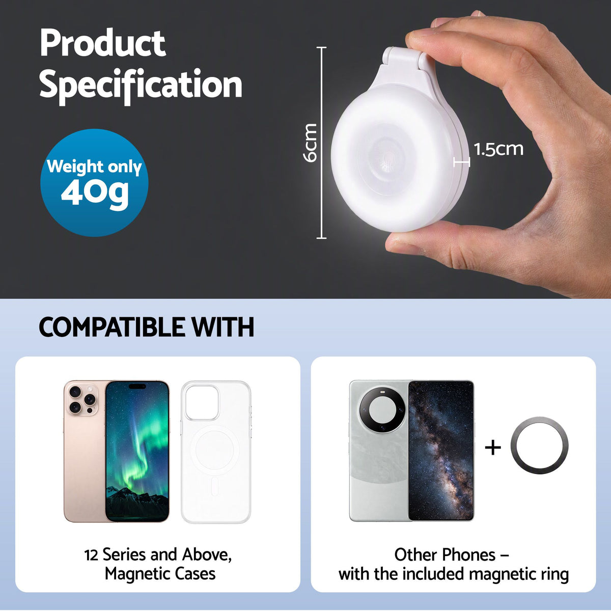Devanti Magnetic Selfie Light Foldable LED Ring Fill Phone Light CRI95 White Awezingly