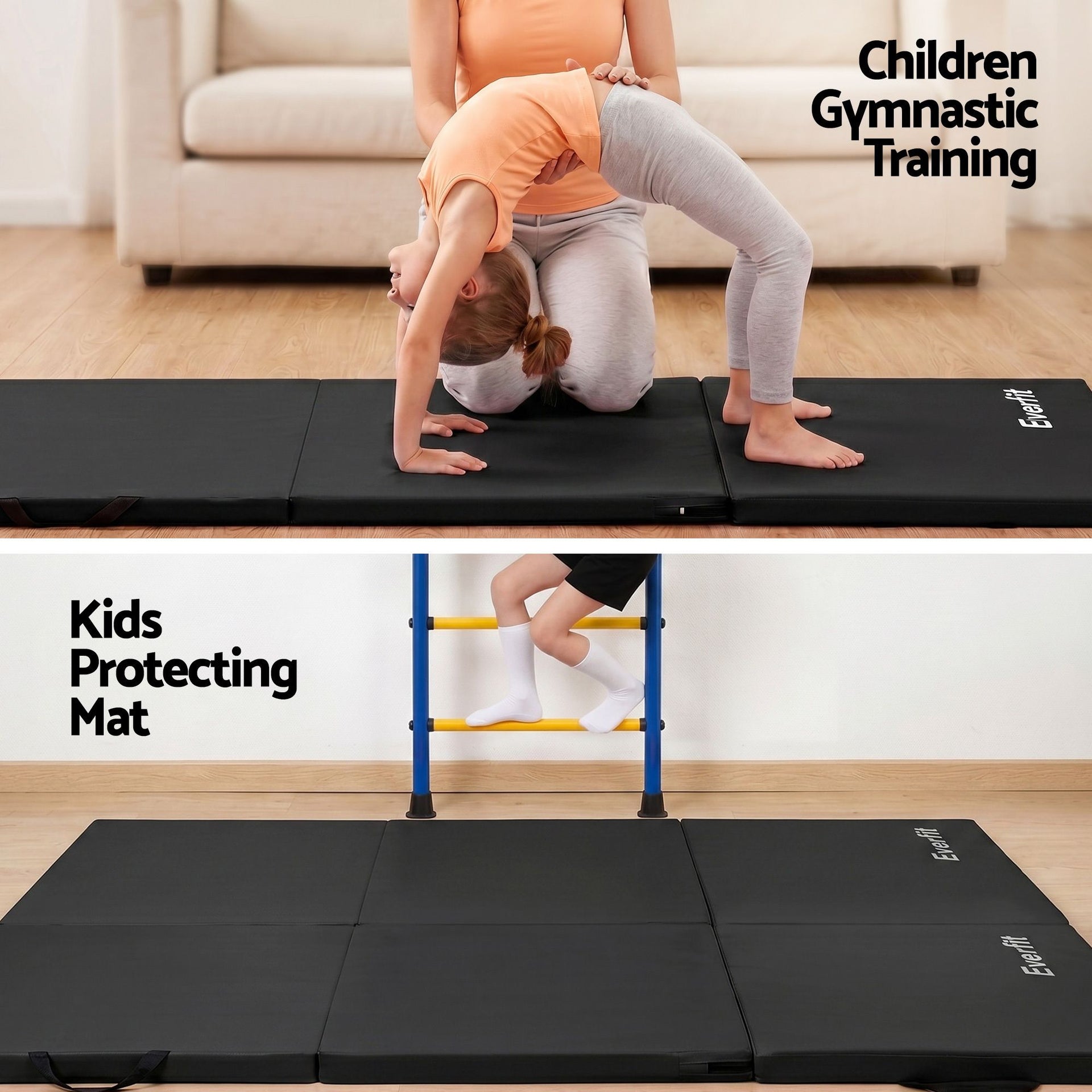 Everfit Gymnastics Mats Folding Exercise Floor Mat Portable 3 Fold Tumbling Mat Black Everfit