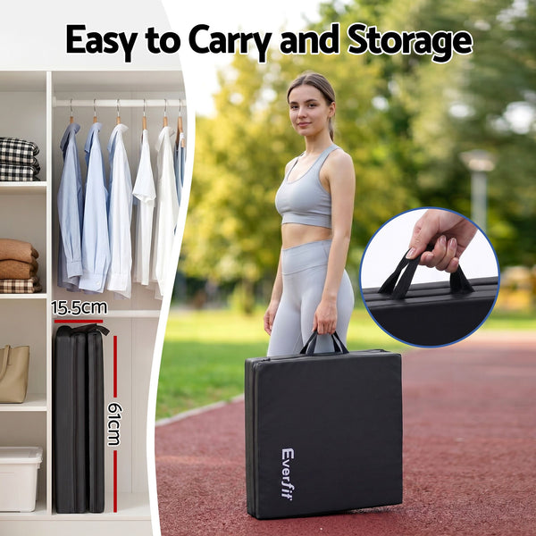 Everfit Gymnastics Mats Folding Exercise Floor Mat Portable 3 Fold Tumbling Mat Black Everfit