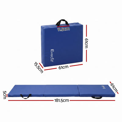 Everfit 180x60cm Gymnastics Mats Folding Exercise Floor Mat Portable 3 Fold Tumbling Mat Blue