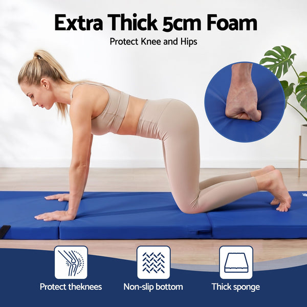 Everfit 180x60cm Gymnastics Mats Folding Exercise Floor Mat Portable 3 Fold Tumbling Mat Blue Everfit