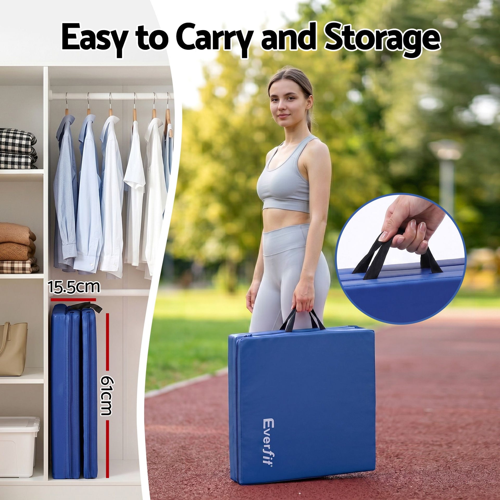 Everfit 180x60cm Gymnastics Mats Folding Exercise Floor Mat Portable 3 Fold Tumbling Mat Blue Everfit