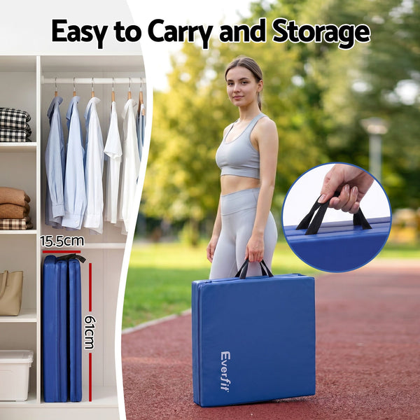 Everfit 180x60cm Gymnastics Mats Folding Exercise Floor Mat Portable 3 Fold Tumbling Mat Blue Everfit