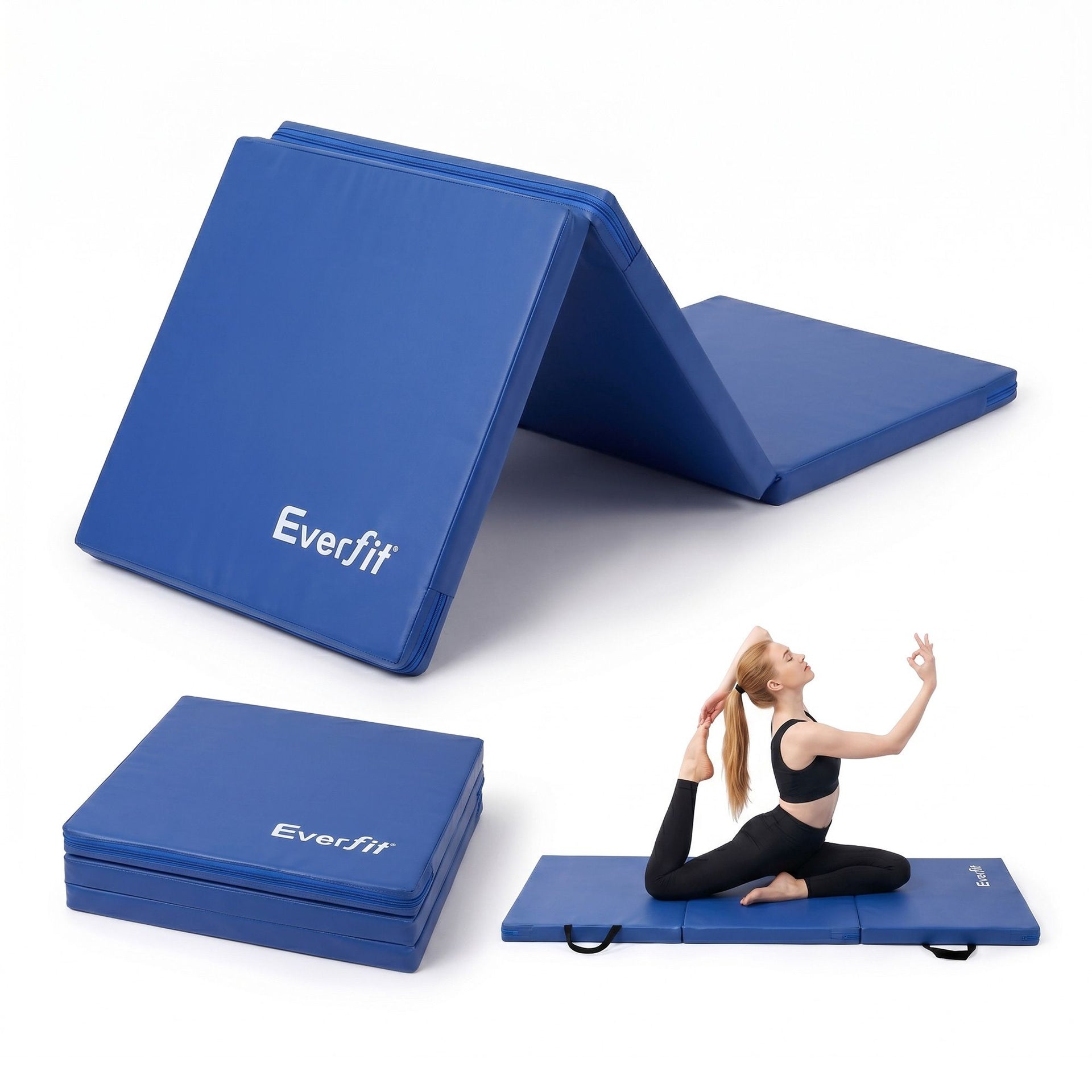 Everfit 180x60cm Gymnastics Mats Folding Exercise Floor Mat Portable 3 Fold Tumbling Mat Blue Everfit