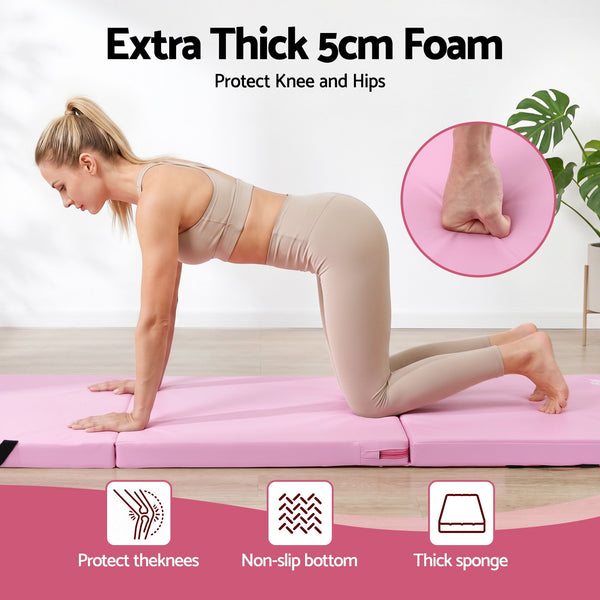 Everfit 180x60cm Gymnastics Mats Folding Exercise Floor Mat Portable 3 Fold Tumbling Mat Pink Everfit
