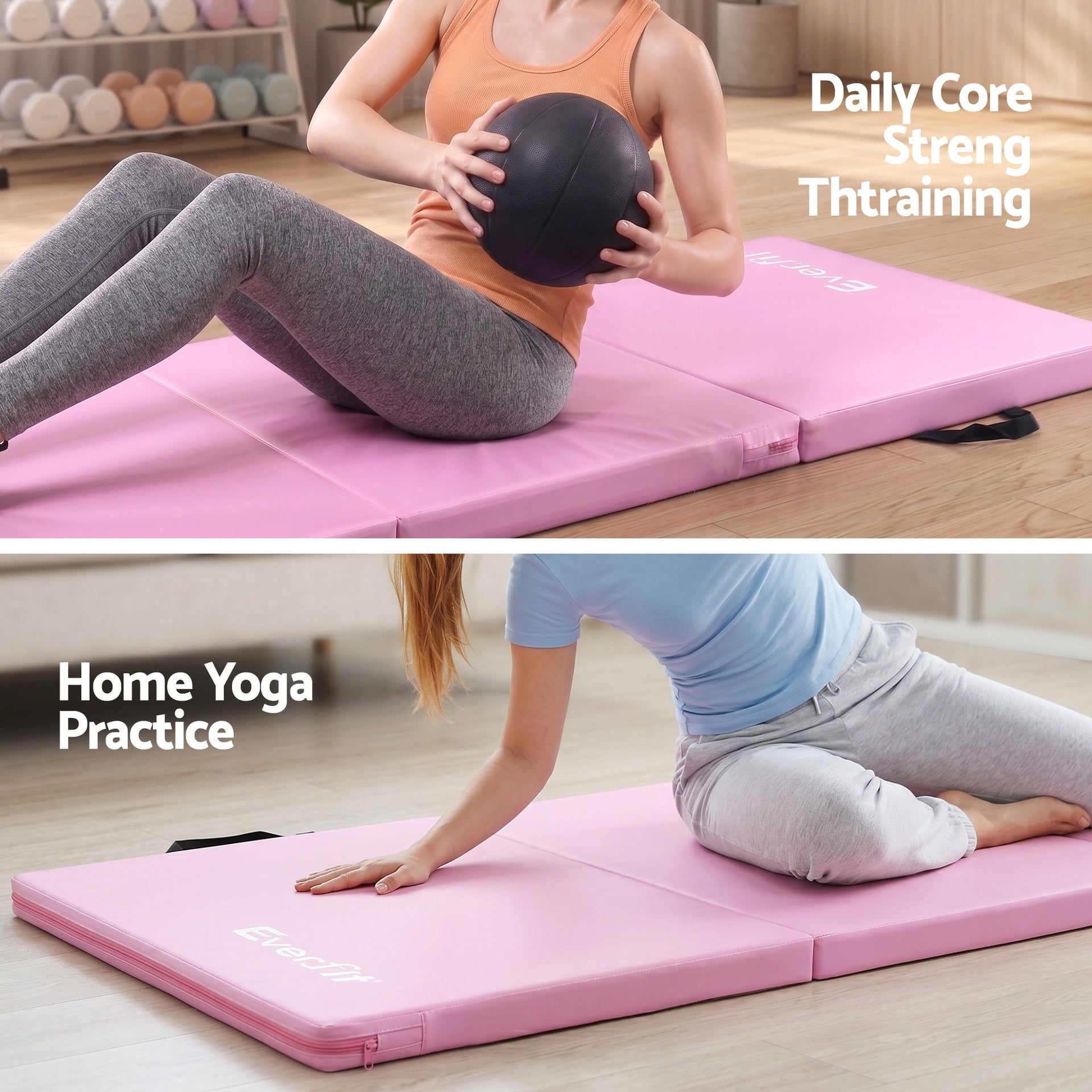 Everfit 180x60cm Gymnastics Mats Folding Exercise Floor Mat Portable 3 Fold Tumbling Mat Pink Everfit