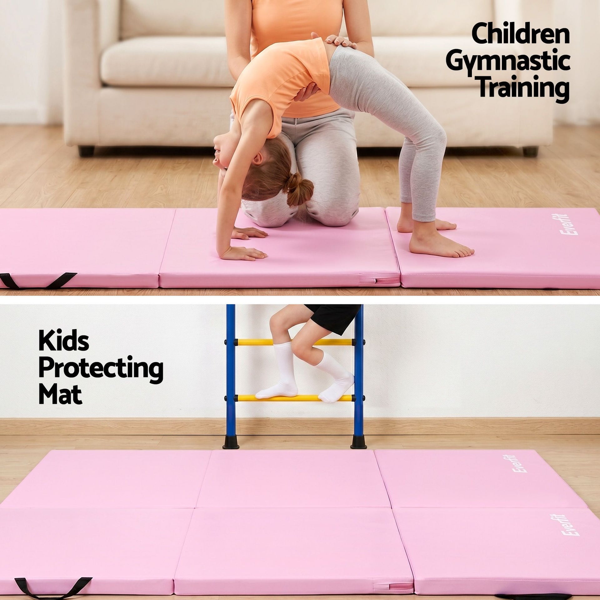 Everfit 180x60cm Gymnastics Mats Folding Exercise Floor Mat Portable 3 Fold Tumbling Mat Pink Everfit