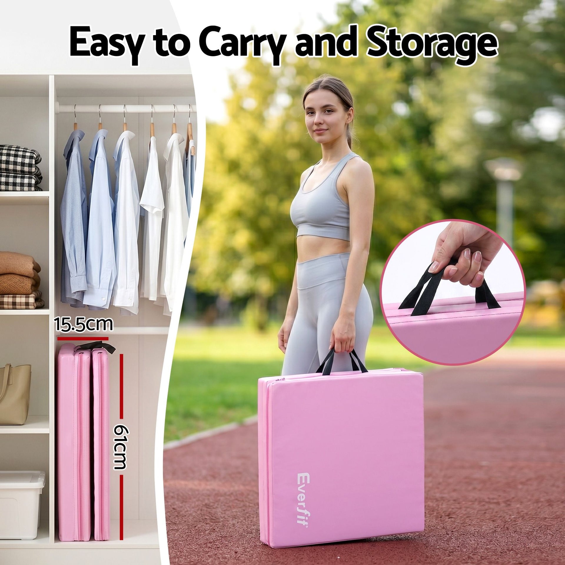 Everfit 180x60cm Gymnastics Mats Folding Exercise Floor Mat Portable 3 Fold Tumbling Mat Pink Everfit