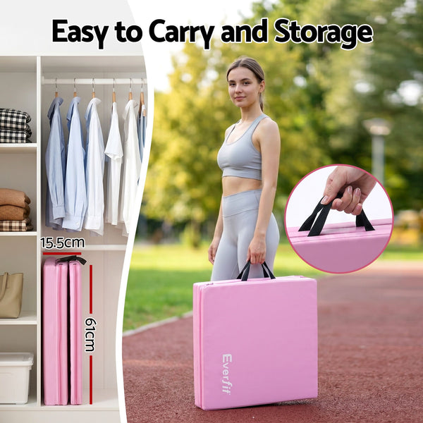 Everfit 180x60cm Gymnastics Mats Folding Exercise Floor Mat Portable 3 Fold Tumbling Mat Pink Everfit