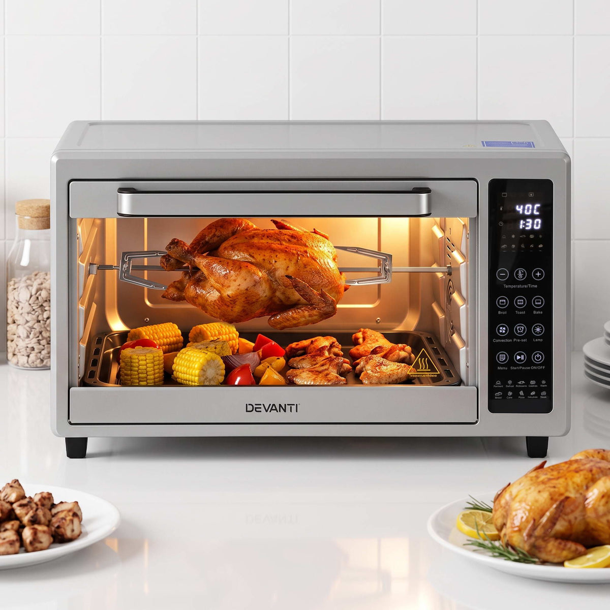 Devanti 48L Convection Oven Electric Fryer Bake Grill Ovens Benchtop 2000W Silver Awezingly