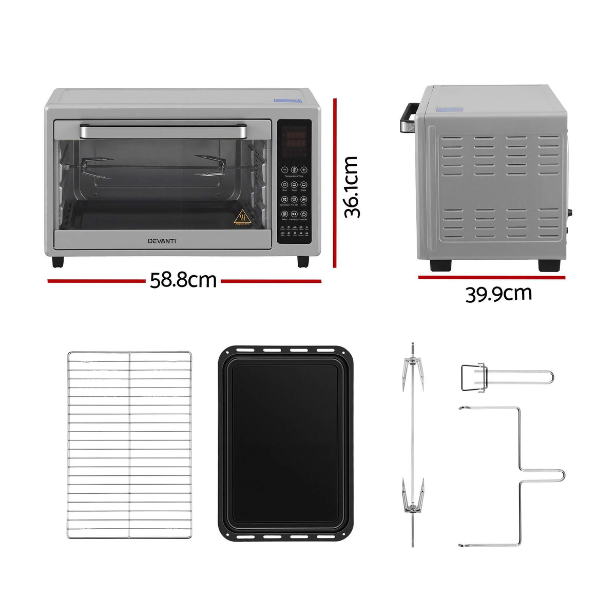 Devanti 48L Convection Oven Electric Fryer Bake Grill Ovens Benchtop 2000W Silver Awezingly