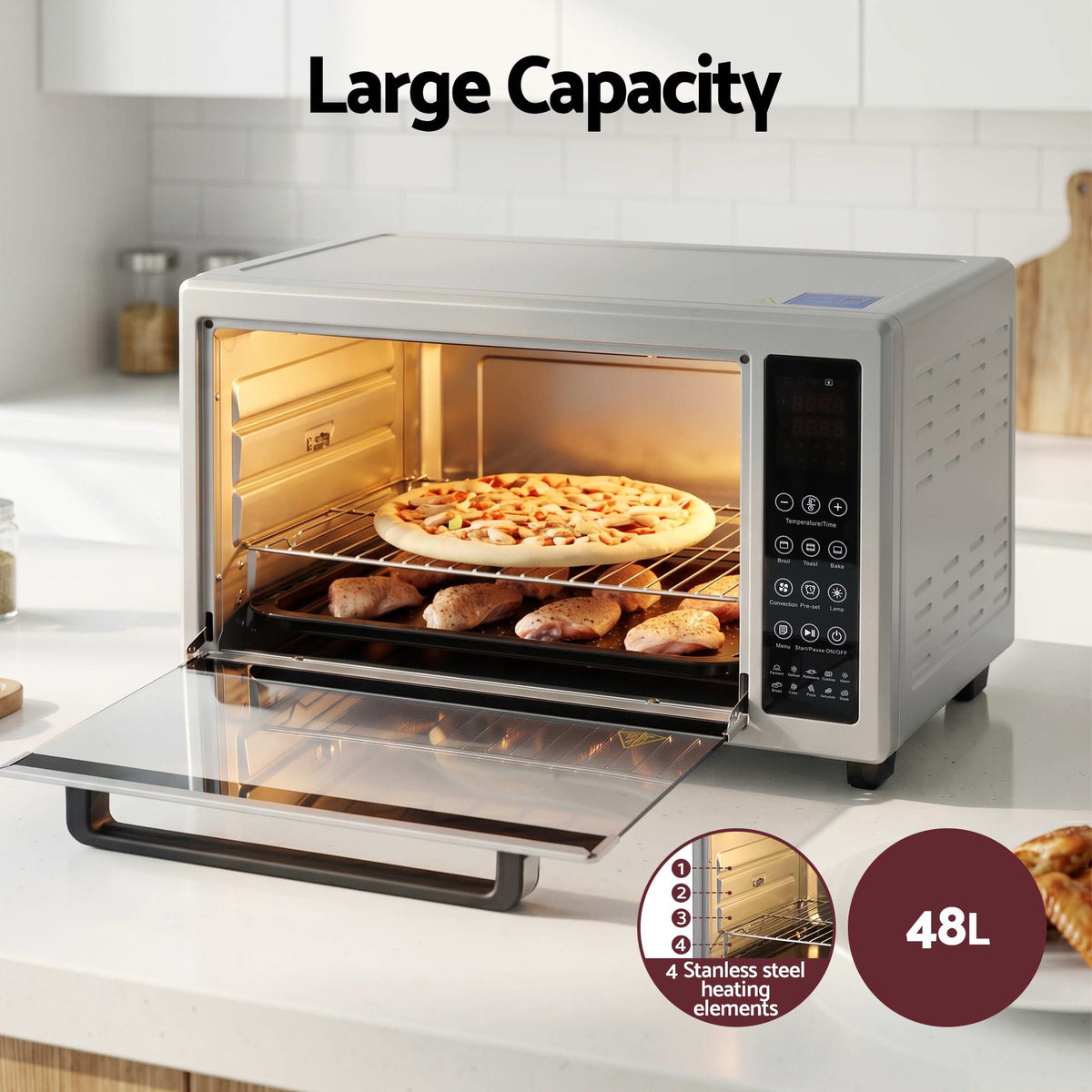 Devanti 48L Convection Oven Electric Fryer Bake Grill Ovens Benchtop 2000W Silver Awezingly