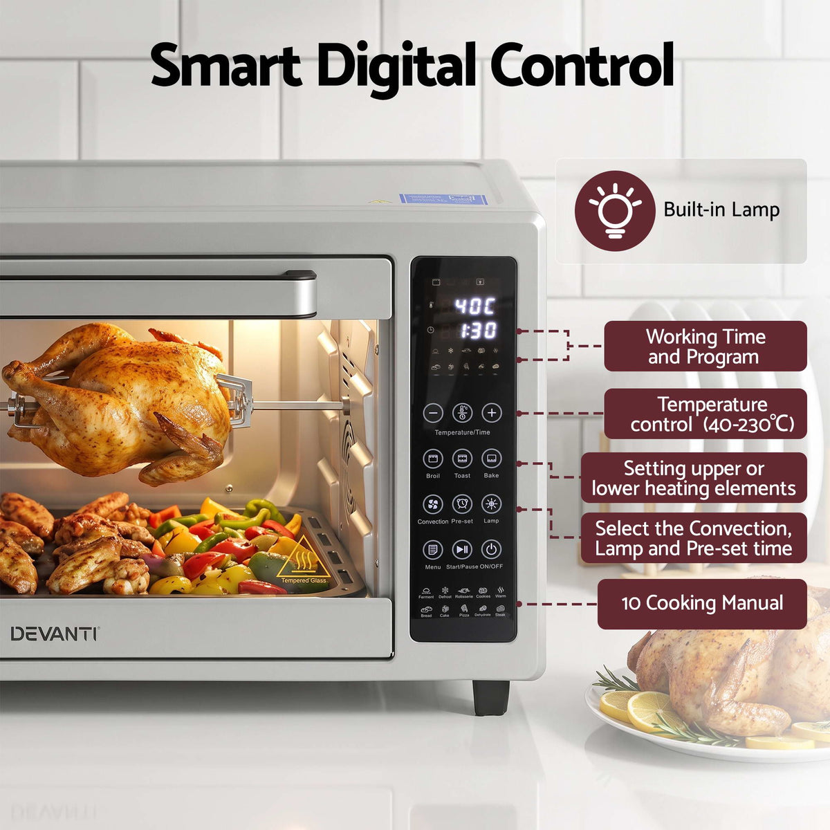 Devanti 48L Convection Oven Electric Fryer Bake Grill Ovens Benchtop 2000W Silver Awezingly