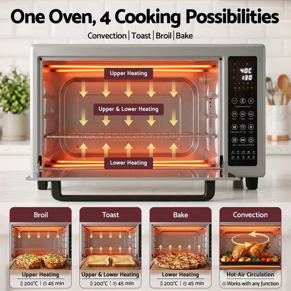 Devanti 48L Convection Oven Electric Fryer Bake Grill Ovens Benchtop 2000W Silver Awezingly