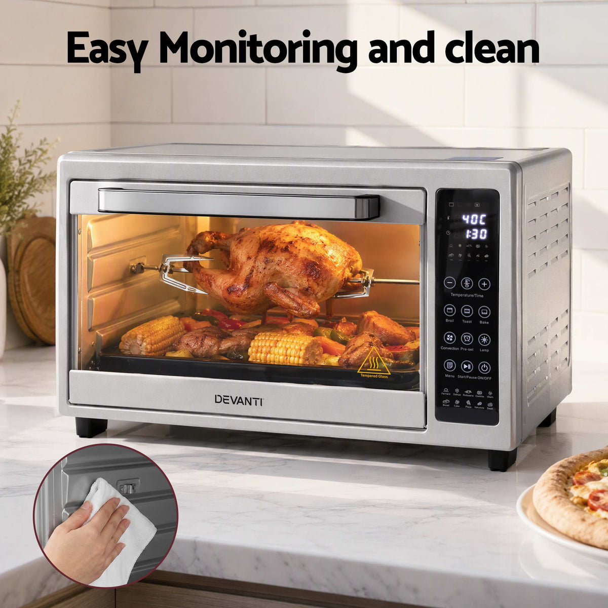 Devanti 48L Convection Oven Electric Fryer Bake Grill Ovens Benchtop 2000W Silver Awezingly