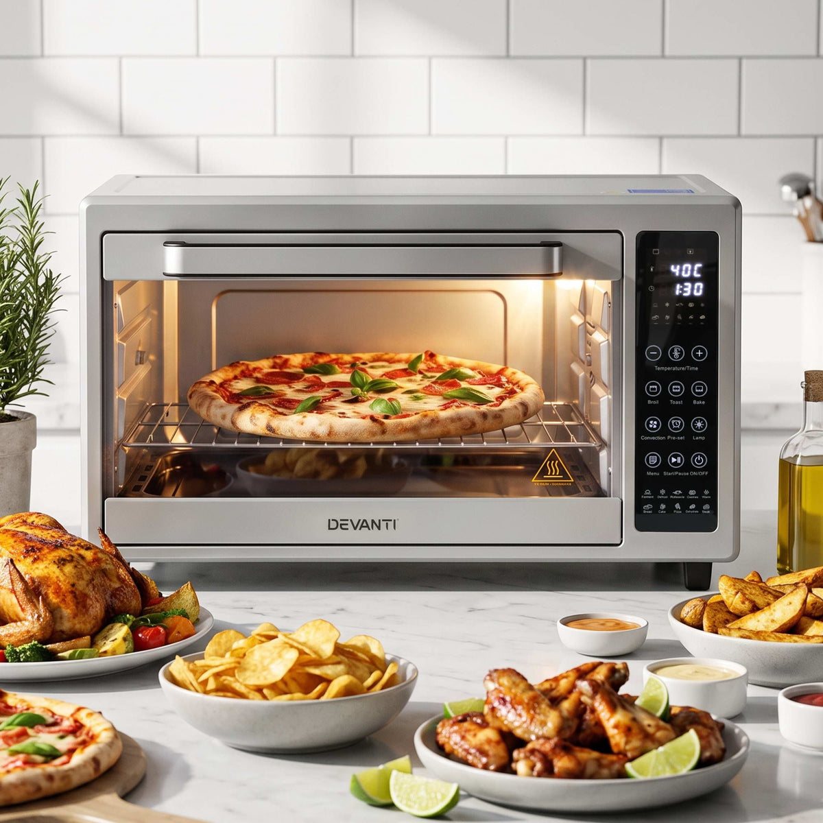 Devanti 48L Convection Oven Electric Fryer Bake Grill Ovens Benchtop 2000W Silver Awezingly