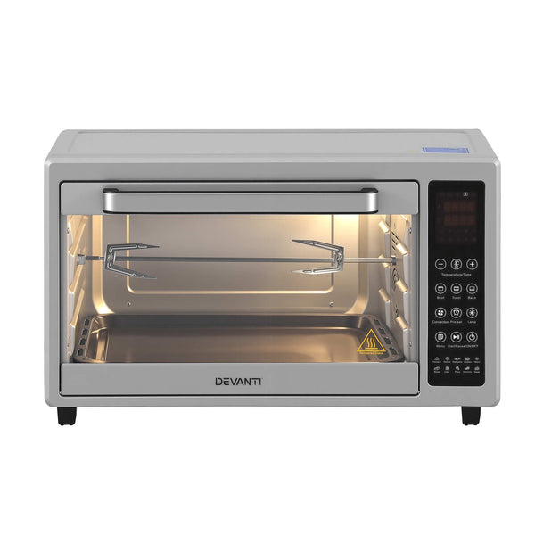 Devanti 48L Convection Oven Electric Fryer Bake Grill Ovens Benchtop 2000W Silver Awezingly
