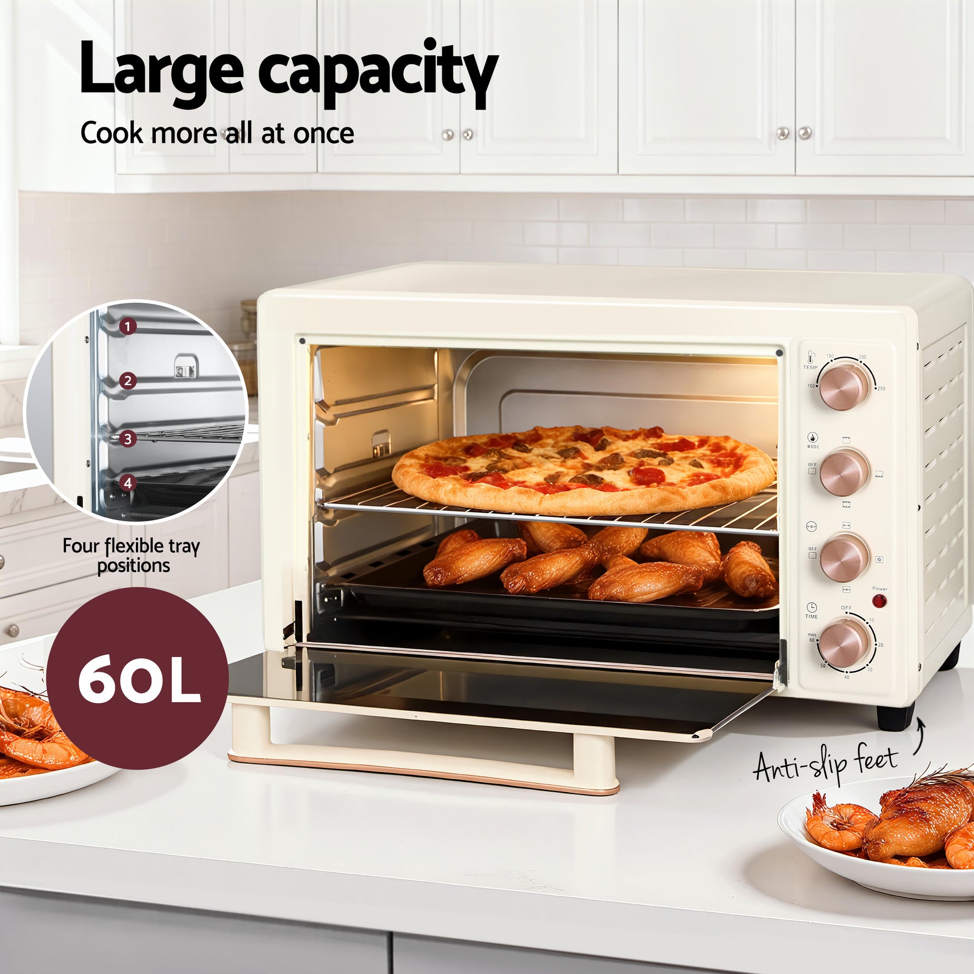 Devanti 60L Convection Oven Electric Fryer Ovens 2000W Cream Awezingly
