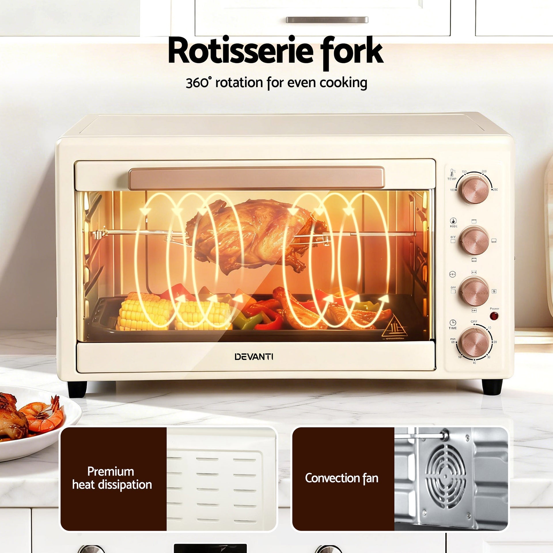 Devanti 60L Convection Oven Electric Fryer Ovens 2000W Cream Awezingly