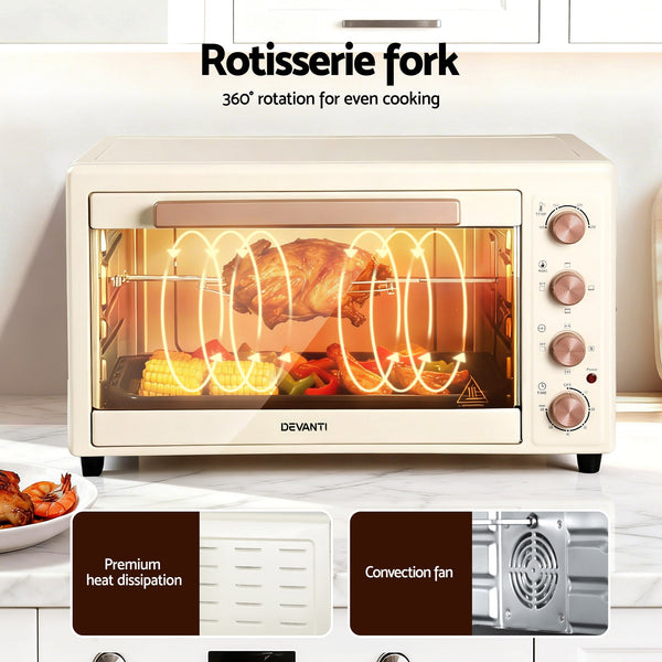 Devanti 60L Convection Oven Electric Fryer Ovens 2000W Cream Awezingly
