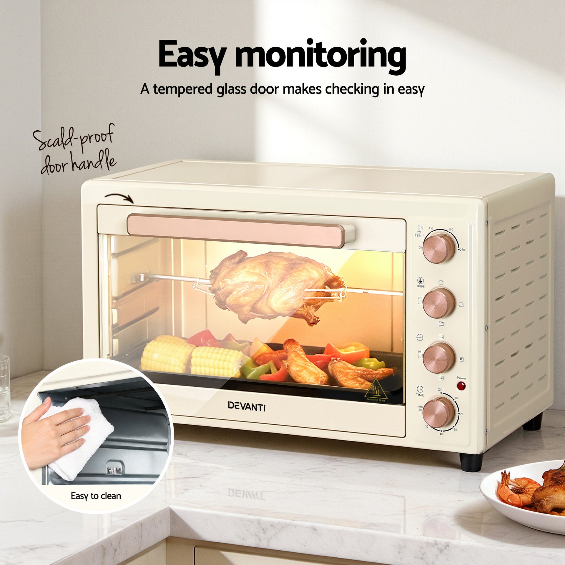 Devanti 60L Convection Oven Electric Fryer Ovens 2000W Cream Awezingly