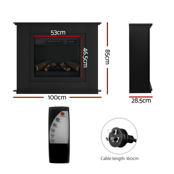 Devanti 2000W Electric Fireplace Mantle Portable Fire Log Wood Heater 3D Flame Effect Black Devanti