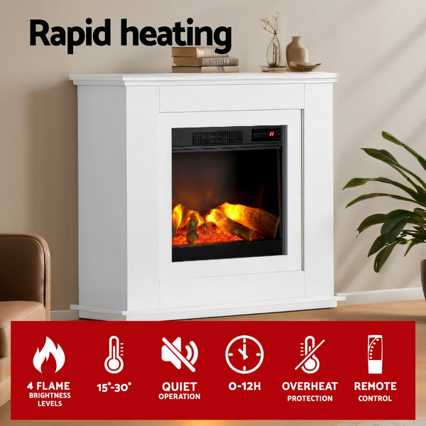 Devanti 2000W Electric Fireplace Mantle Portable Fire Log Wood Heater 3D Flame Effect White Devanti