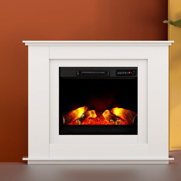 Devanti 2000W Electric Fireplace Mantle Portable Fire Log Wood Heater 3D Flame Effect White Devanti