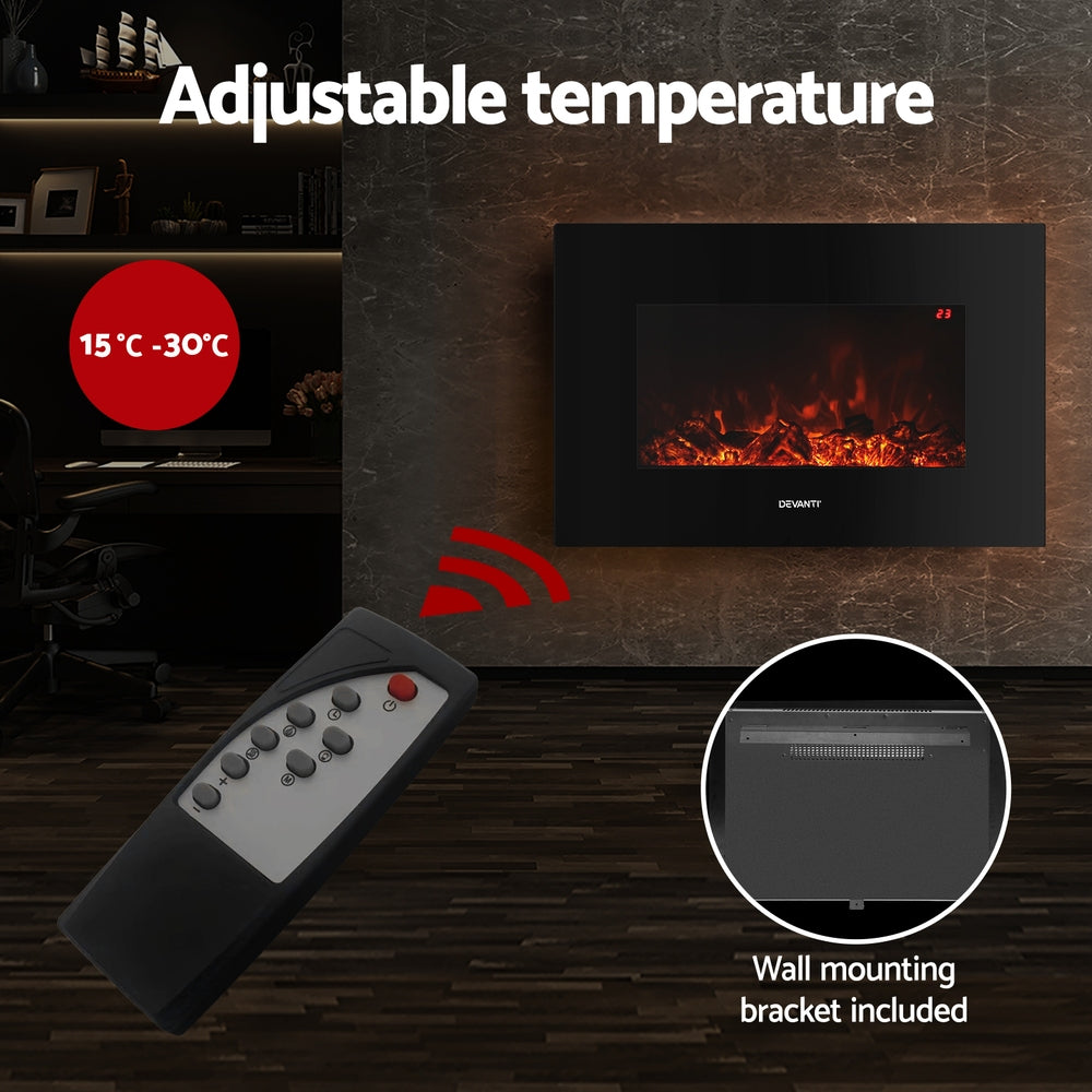 Devanti Electric Fireplace Fire Heater 2000W Black Devanti