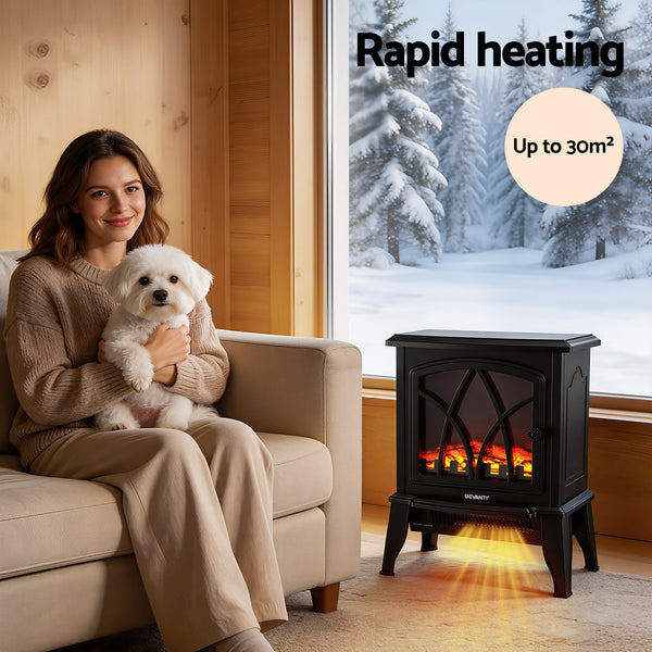 Devanti 2000W Electric Fireplace Heater Stove Freestanding 3D Flame Effect Indoor Space Heaters Awezingly