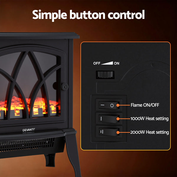 Devanti 2000W Electric Fireplace Heater Stove Freestanding 3D Flame Effect Indoor Space Heaters Awezingly