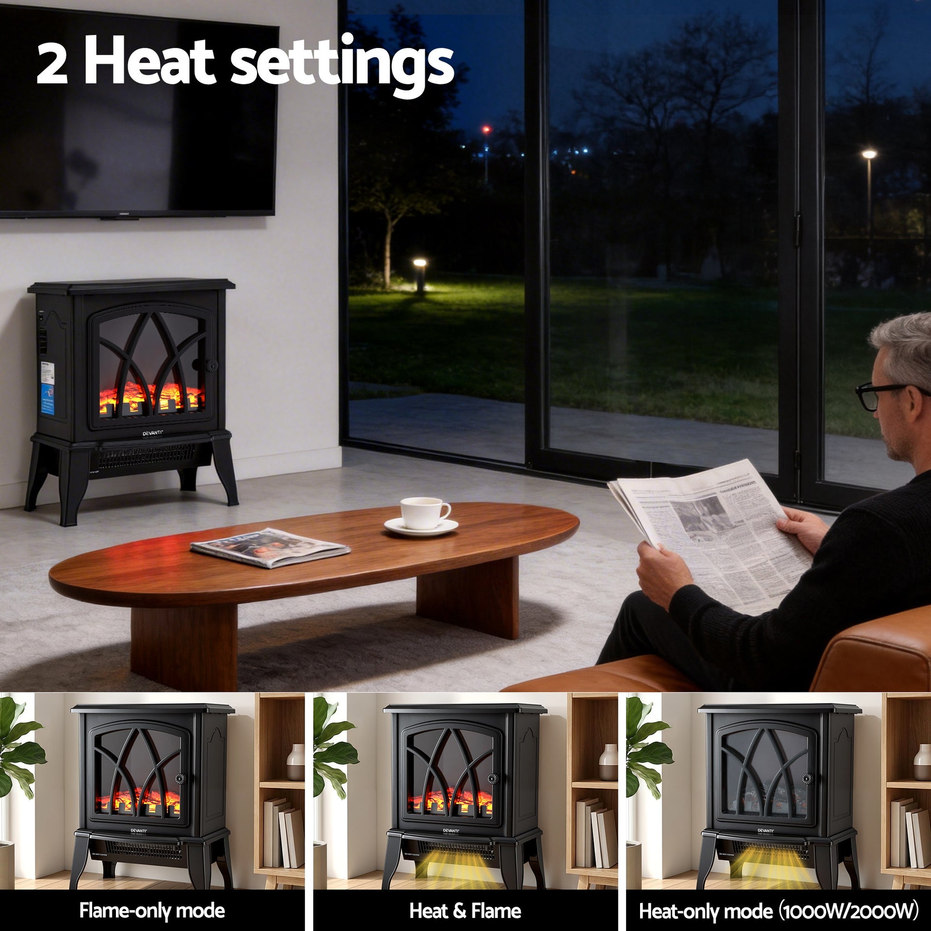 Devanti 2000W Electric Fireplace Heater Stove Freestanding 3D Flame Effect Indoor Space Heaters Awezingly