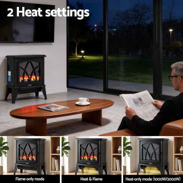 Devanti 2000W Electric Fireplace Heater Stove Freestanding 3D Flame Effect Indoor Space Heaters Awezingly