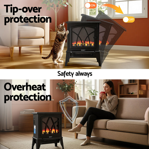 Devanti 2000W Electric Fireplace Heater Stove Freestanding 3D Flame Effect Indoor Space Heaters Awezingly