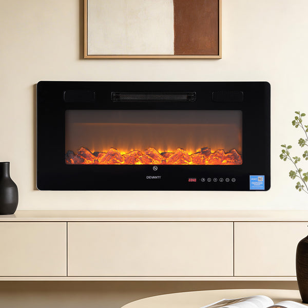 Devanti Electric Fireplace Fire Heater Wall Mounted Insert 3D Flame 1800W Remote Control Awezingly