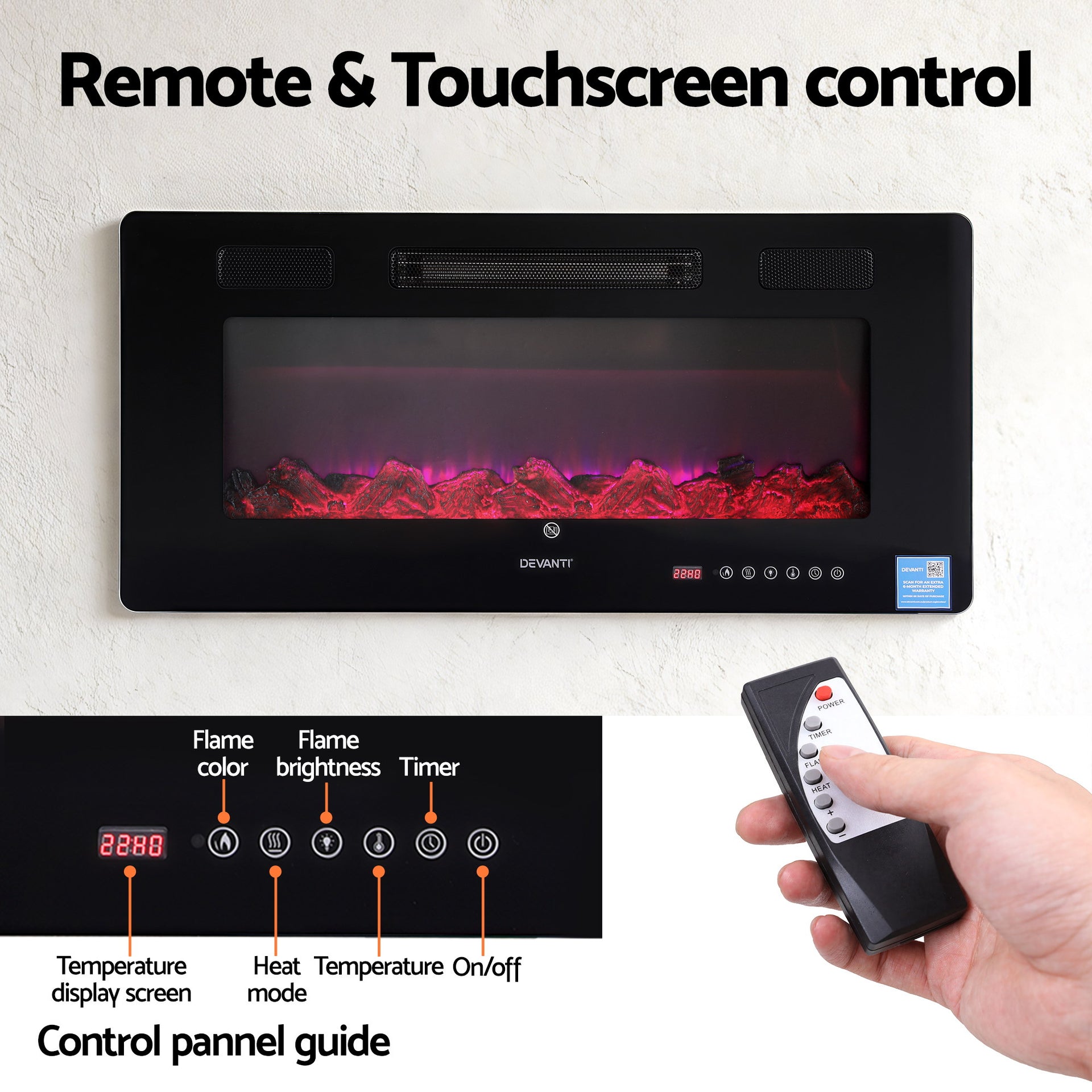 Devanti Electric Fireplace Fire Heater Wall Mounted Insert 3D Flame 1800W Remote Control Awezingly