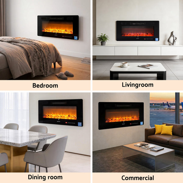 Devanti Electric Fireplace Fire Heater Wall Mounted Insert 3D Flame 1800W Remote Control Awezingly