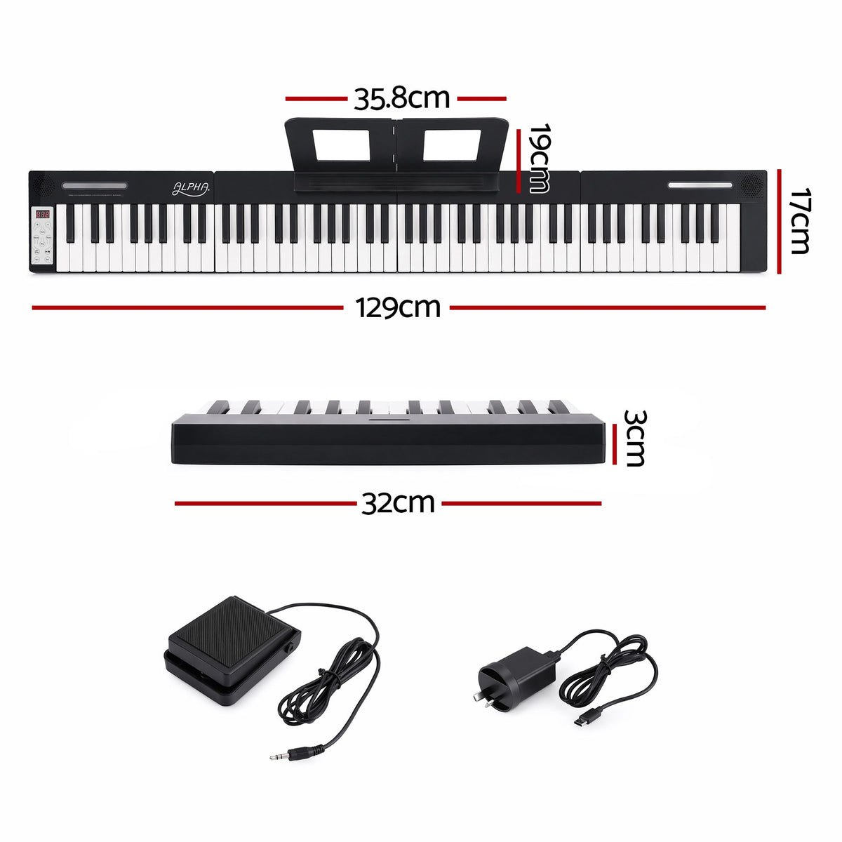Alpha 88 Key Quad Folding Electronic Keyboard Digital Piano Portable MIDI Bluetooth Black Awezingly