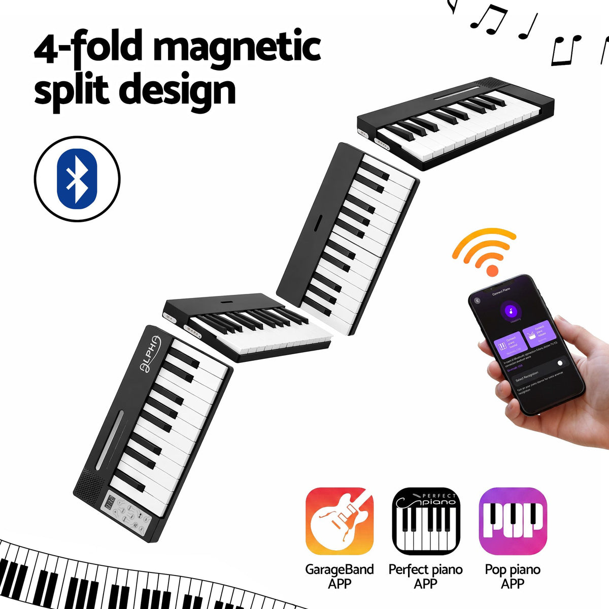 Alpha 88 Key Quad Folding Electronic Keyboard Digital Piano Portable MIDI Bluetooth Black Awezingly