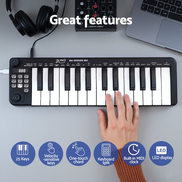 Alpha 25-Key MIDI Keyboard Controller Portable USB Laptop Black Alpha