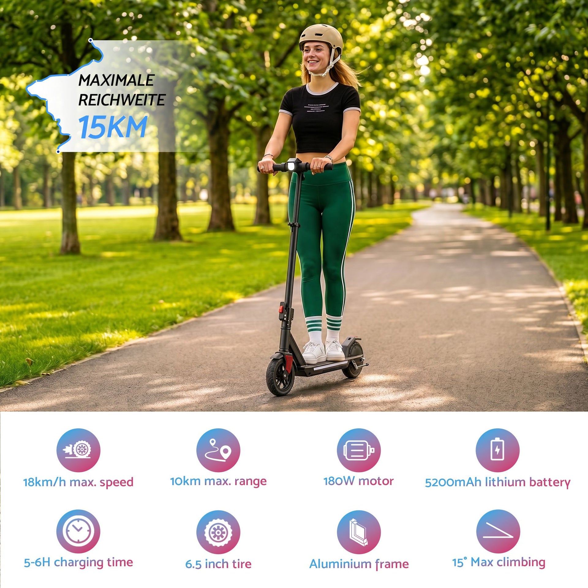Electric Scooter 180W 18KM/H Foldable Height Adjustable Portable Riding Commuter Teens Adults Everfit