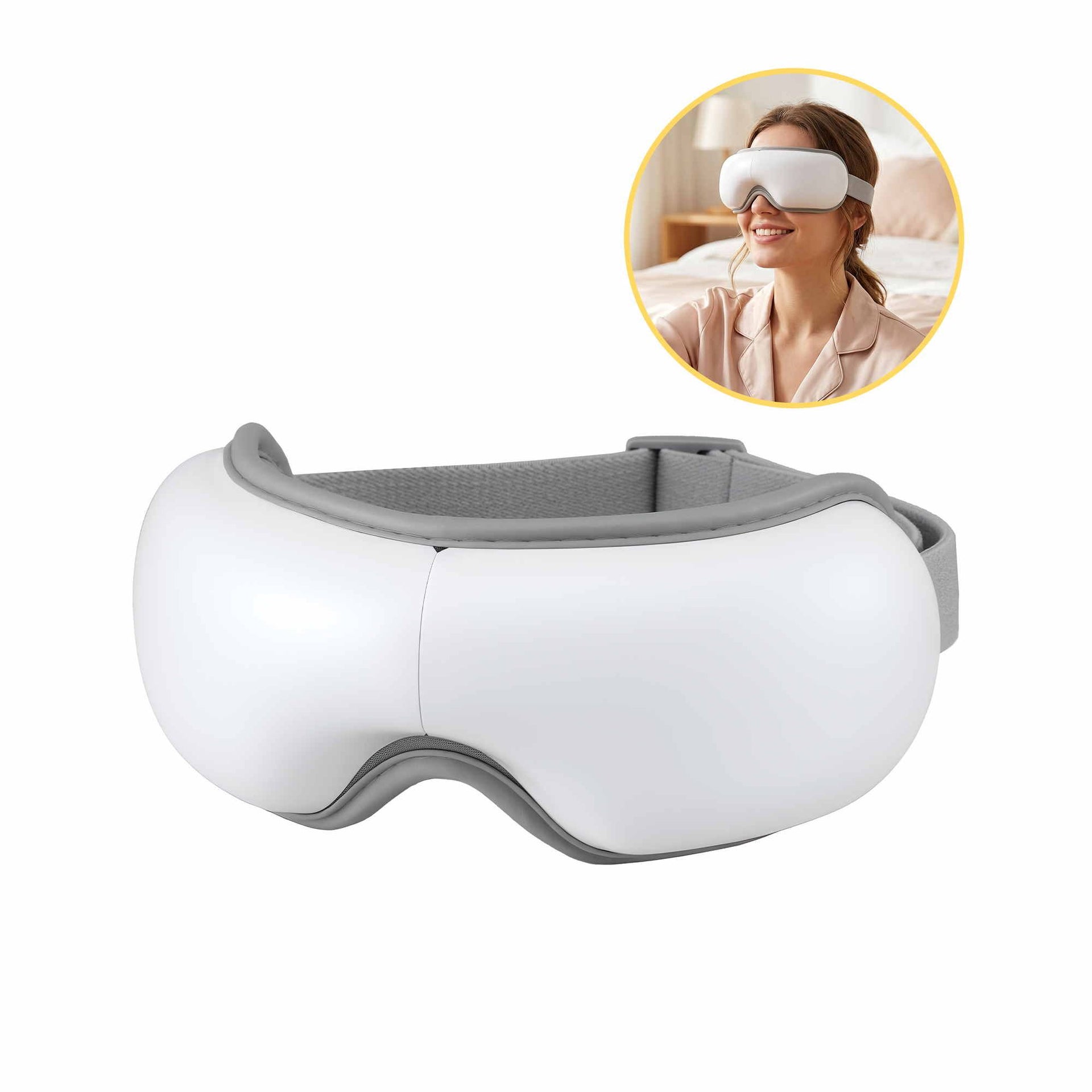 Livemor Eye Massager with Heat & Vibration | 180° Foldable Electric Eye Heat Mask with Bluetooth Music for Fatigue Relief | Rechargeable 3D Wrap-Around Temple Massager, White Livemor